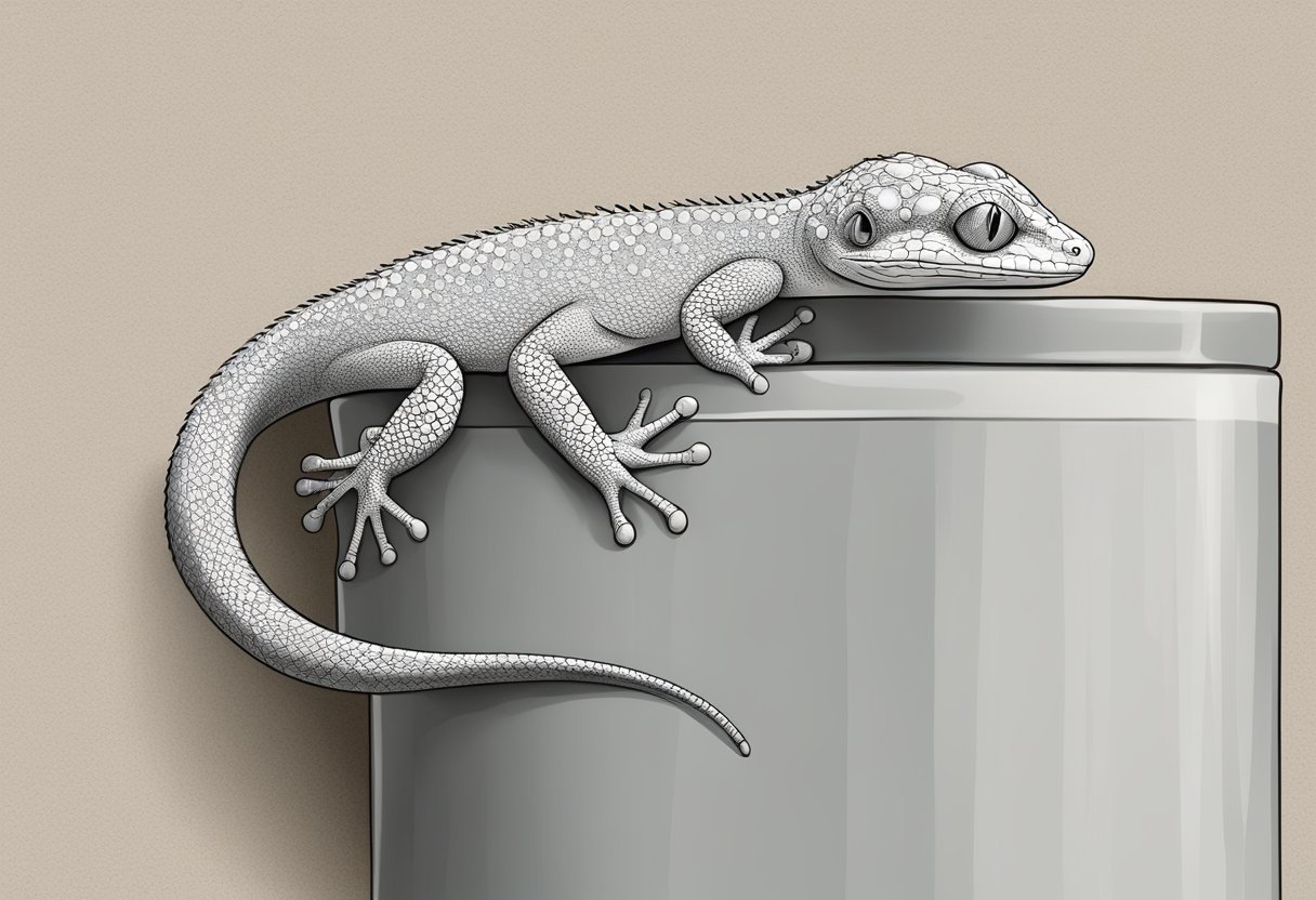 A gecko perched on a wall, its tail curled around the edge. A small container with a lid and a stick nearby, ready to be used for catching it