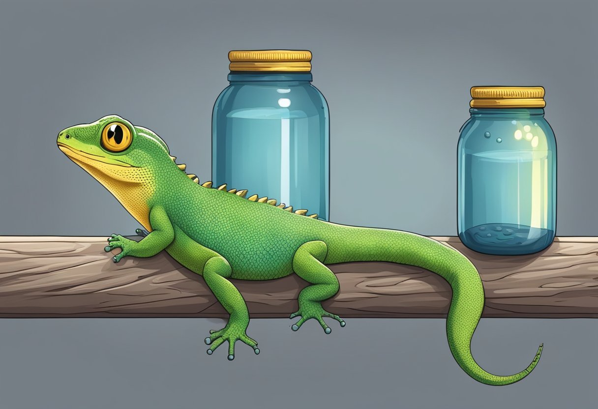 A gecko perches on a wall, its tail twitching. A jar with holes sits nearby. A net and a flashlight lay ready