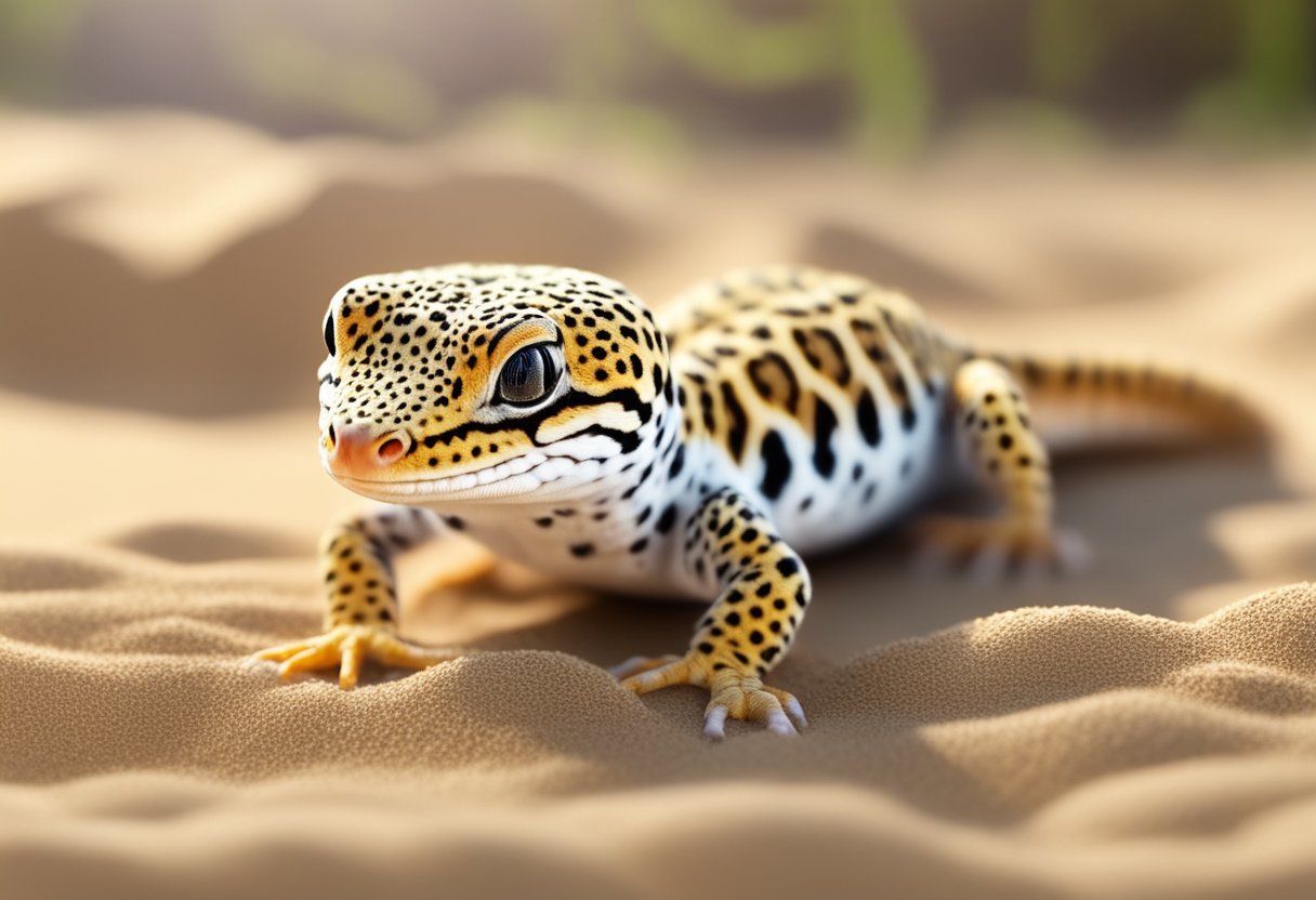 The leopard gecko digs into the warm sand, searching for a cozy spot to rest and regulate its body temperature