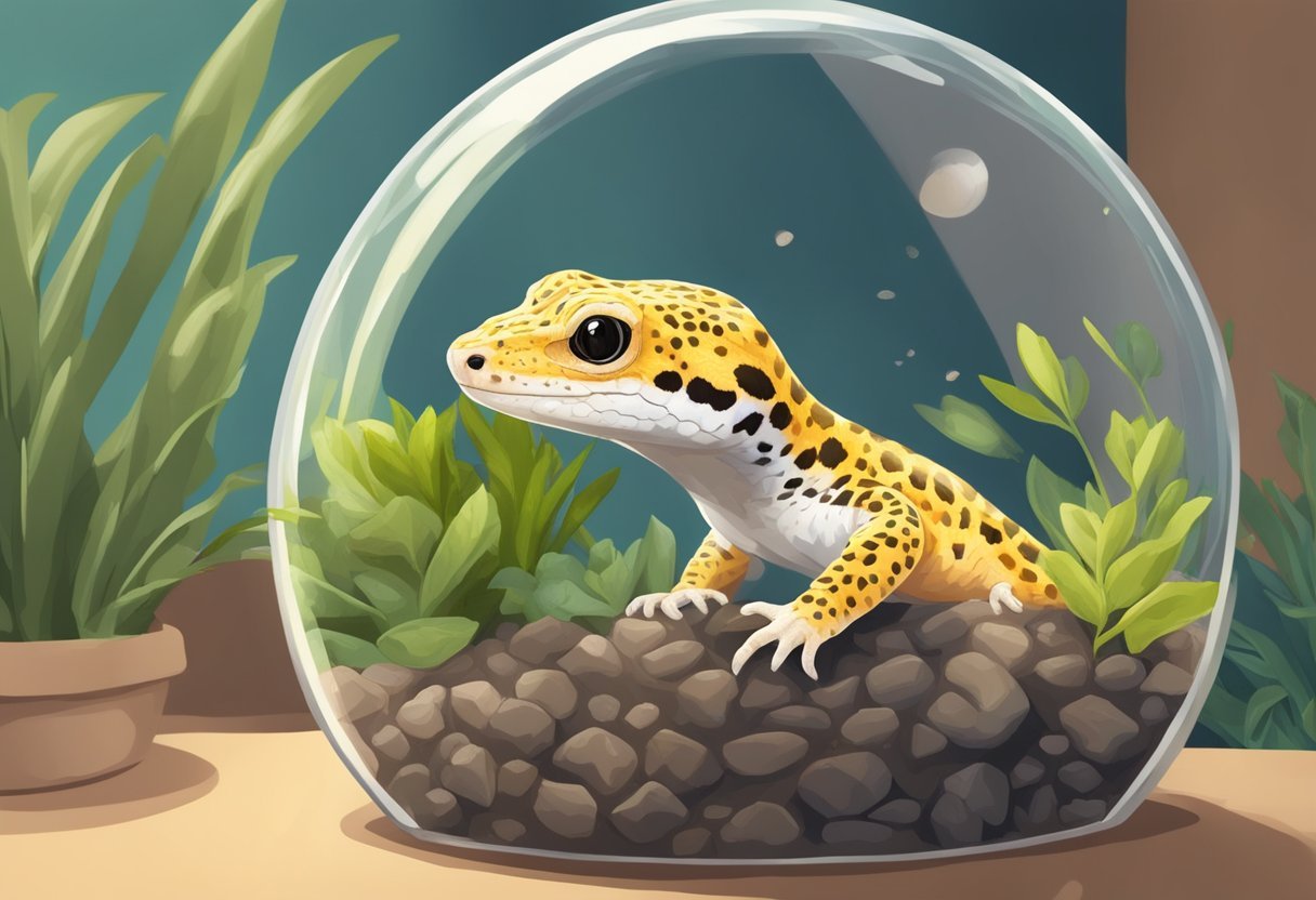 The leopard gecko is actively digging in its terrarium, pushing the substrate around with its claws and creating a small tunnel