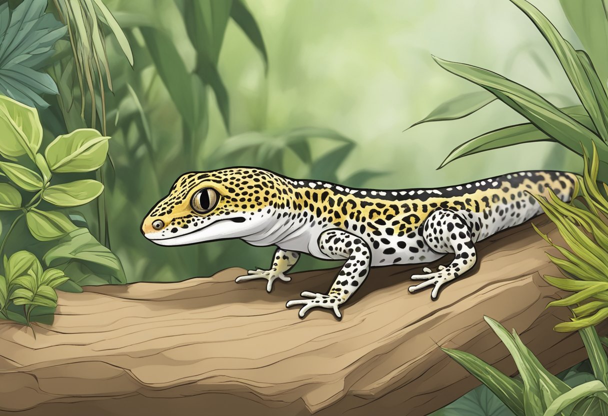 A leopard gecko digs in its terrarium, showing signs of health and husbandry related concerns