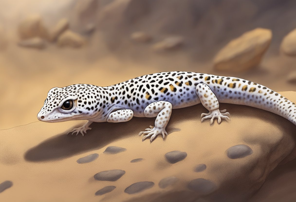 A leopard gecko shedding its skin, scales peeling off its body in a dry, dusty enclosure