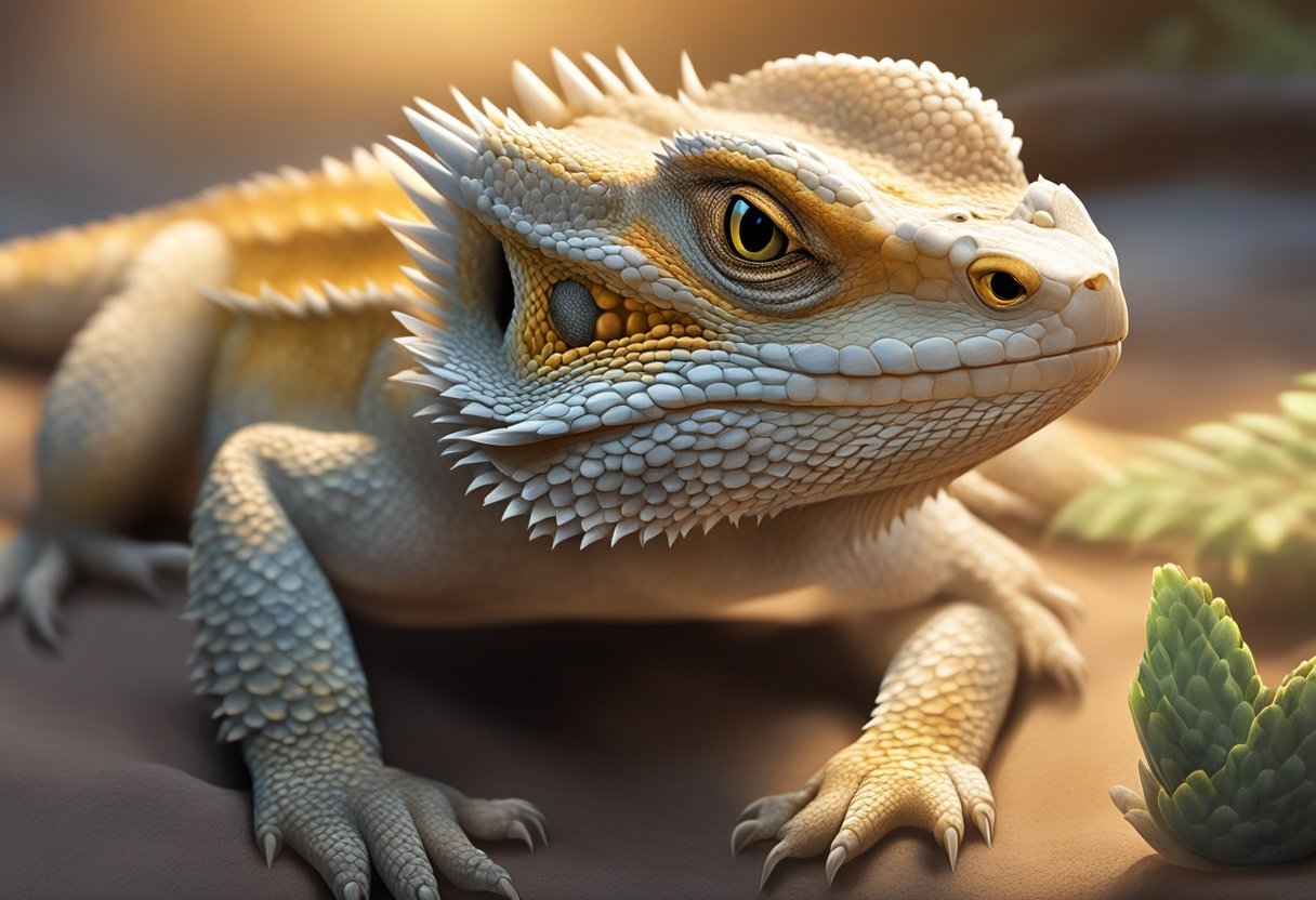 A bearded dragon shedding its skin in a warm, dimly lit enclosure with plenty of hiding spots and a shallow water dish