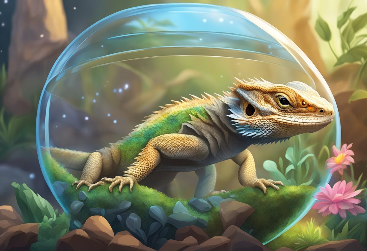 A bearded dragon darts around its terrarium, scales shimmering in the light, tail whipping back and forth in excitement