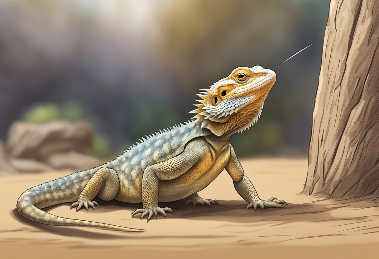 A bearded dragon darts around its enclosure, tail twitching and head bobbing, displaying signs of stress or discomfort