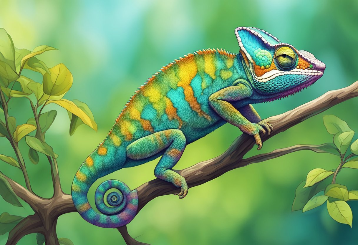 A chameleon perched on a branch, its body stretching to reveal vibrant colors, as it grows to an impressive size