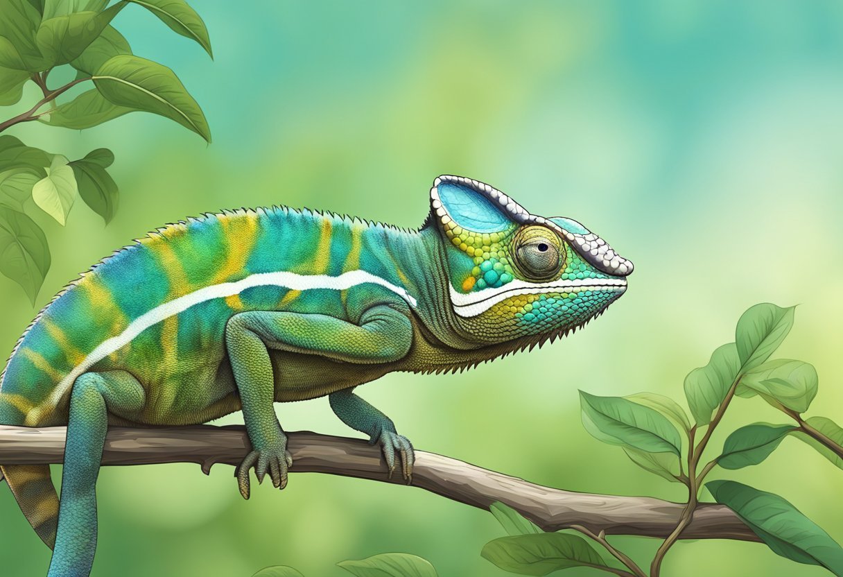 A chameleon perched on a branch, its tongue darting out to catch a passing insect. Its eyes scan the surroundings, blending seamlessly with the foliage