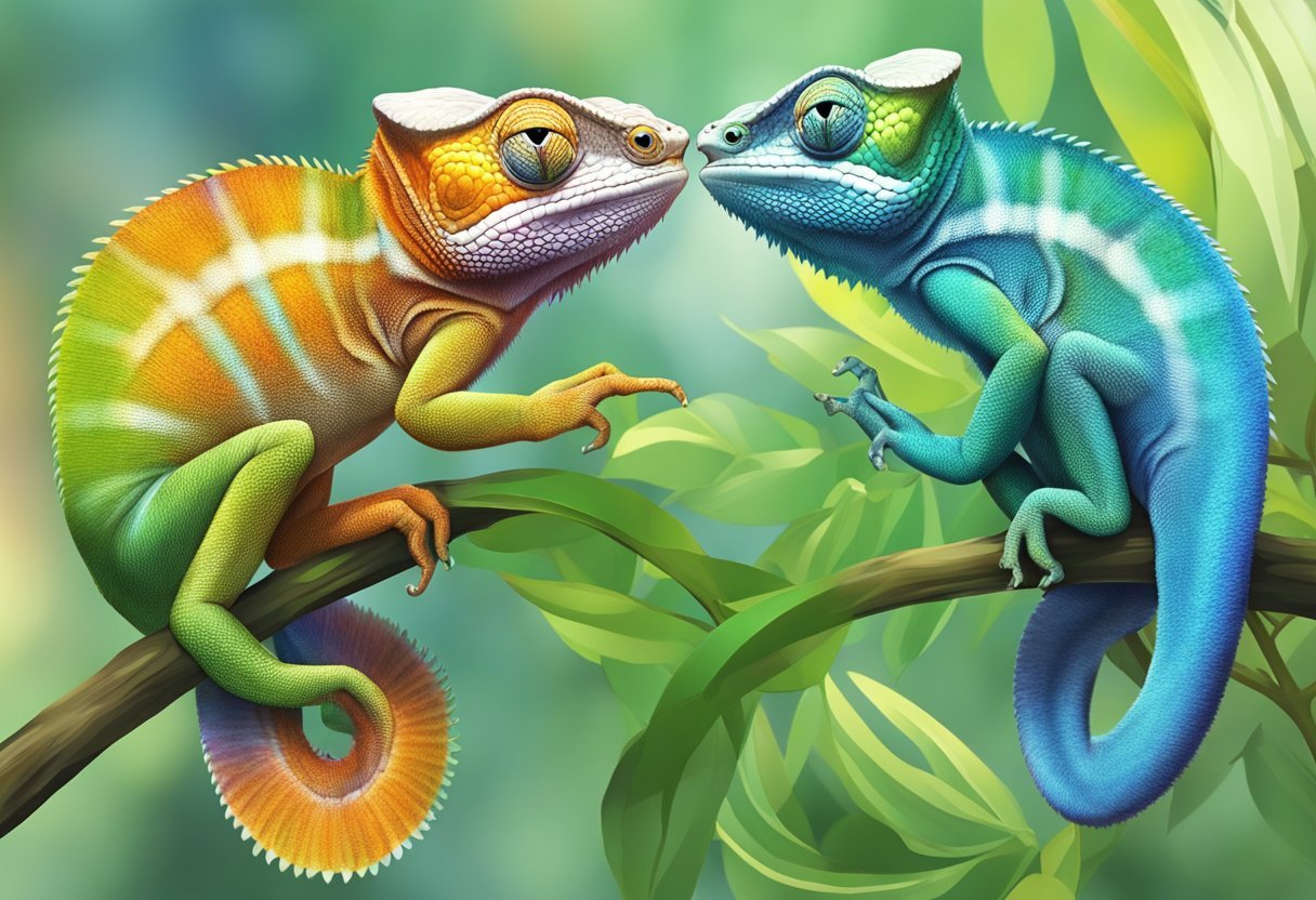 Two chameleons engage in a courtship display, with the male displaying vibrant colors and performing a series of movements to attract the female