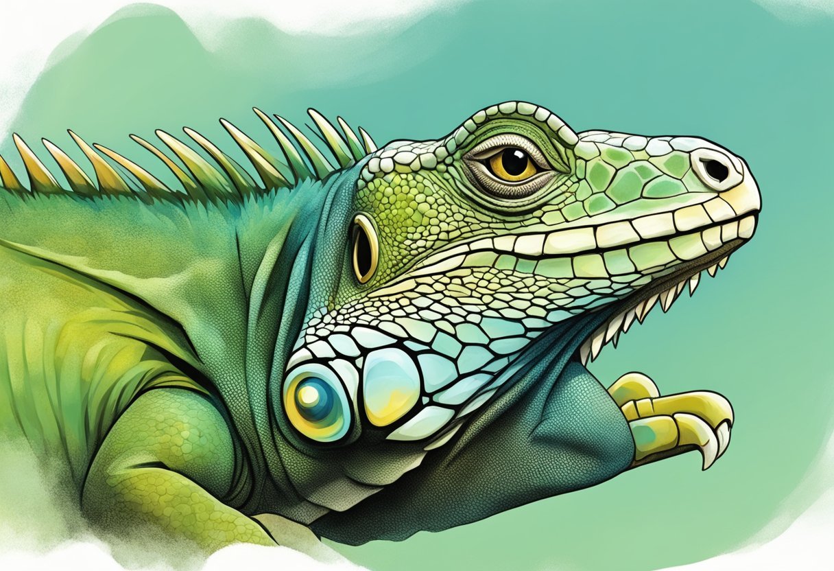 An iguana lying motionless, sunken eyes, and shallow breathing