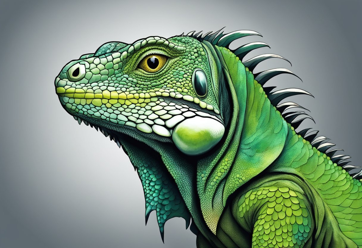 An iguana with green scales turns black, its body tense and eyes wide with confusion