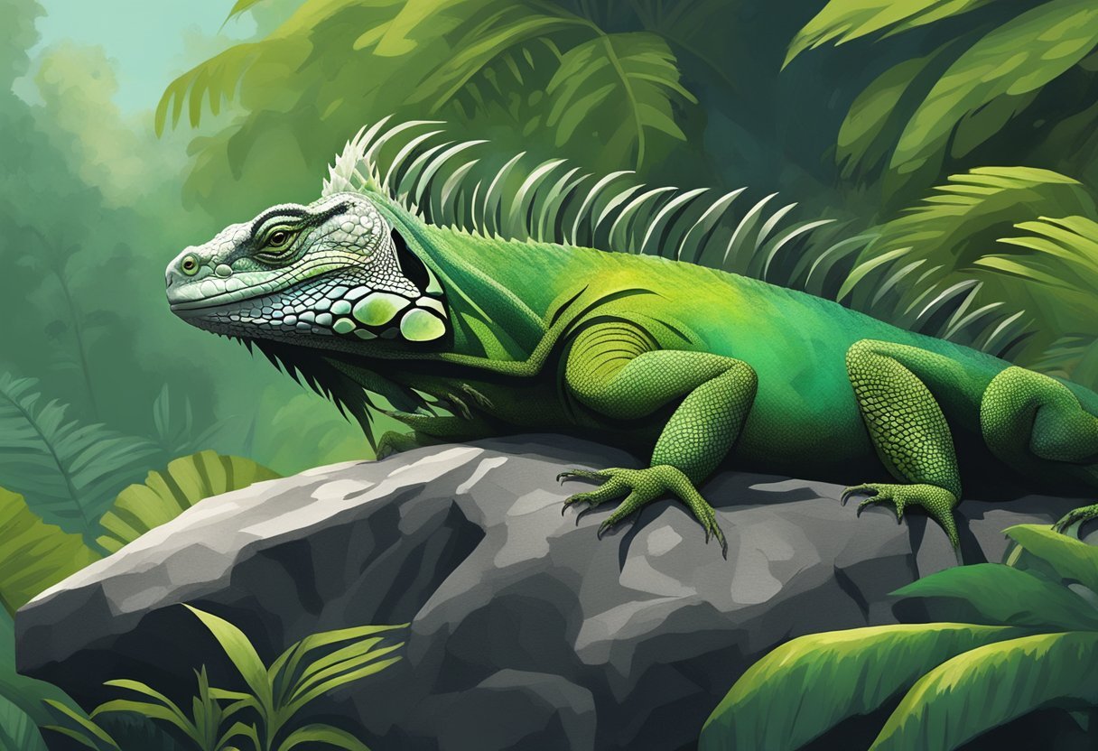 An iguana basking on a rock, its scales slowly turning from vibrant green to a deep, almost black hue. Surrounding vegetation and temperature fluctuations hint at environmental factors at play