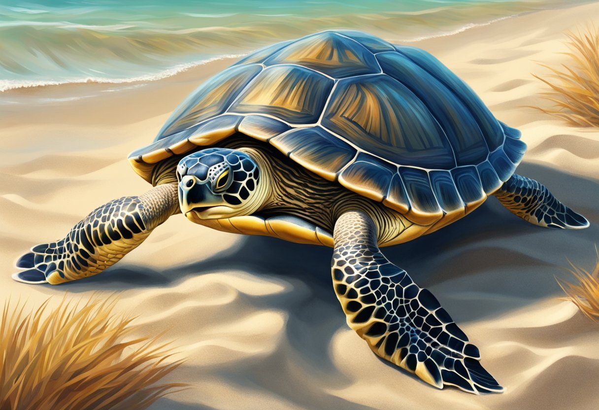 A turtle sprints across the sandy beach, its legs outstretched and its shell gleaming in the sunlight