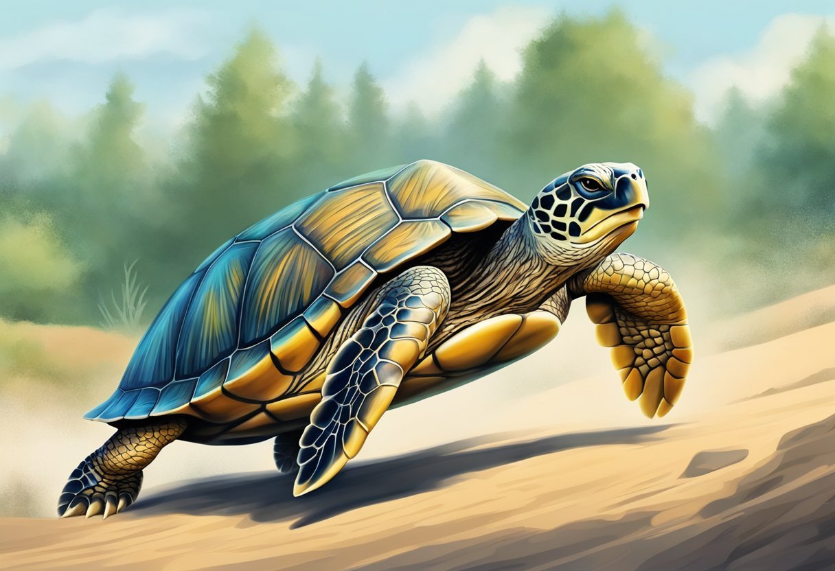 A turtle swiftly glides across the ground, its legs propelling its streamlined body forward with surprising speed