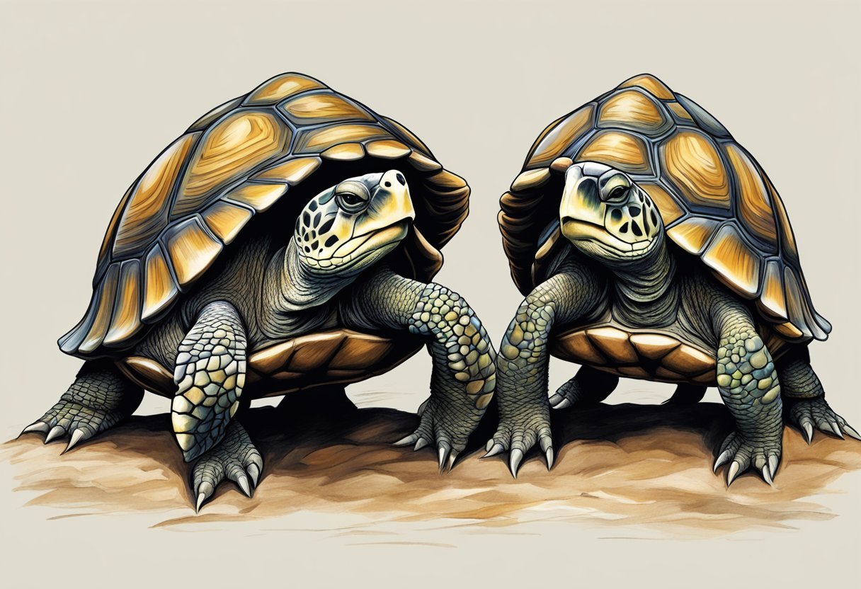 Two turtles facing each other, one leaning forward to gently tap their heads together