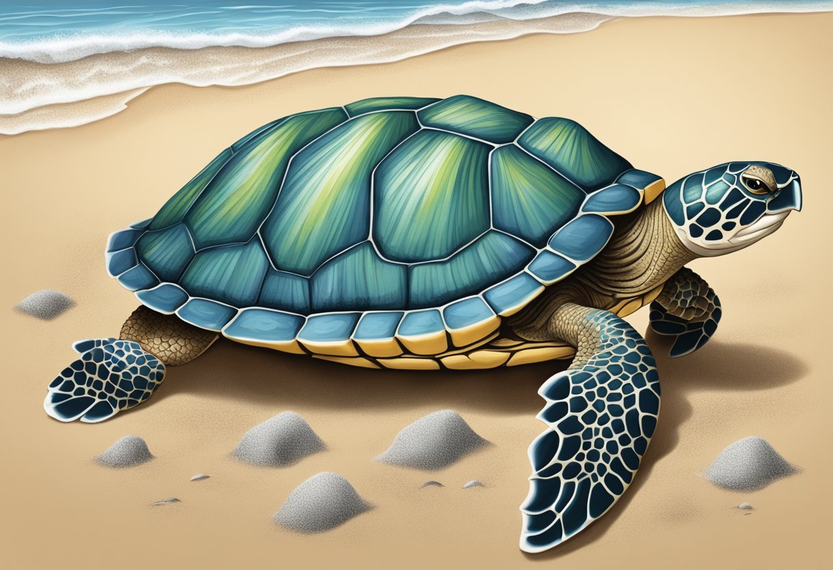 A turtle perched on a sandy beach, its tail lifted as it excretes waste into the sand, illustrating the physiology of waste elimination