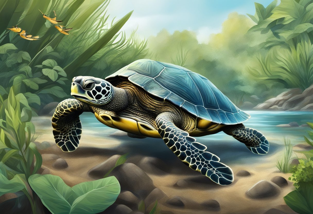 A turtle exploring its natural habitat, with diverse vegetation, water sources, and ample space for movement and foraging