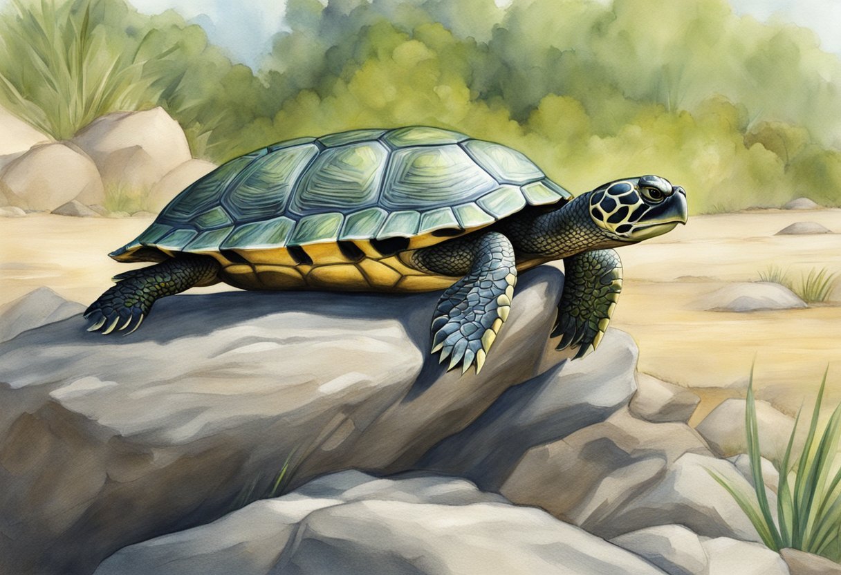 A turtle positioned on a rock, with a focus on its cloaca as it expels urine