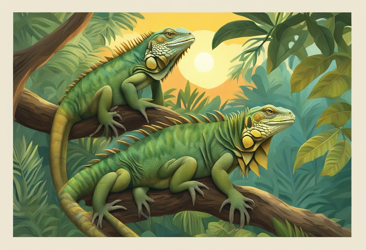 Iguanas sleep in the branches of tall trees, their bodies curled up and tails wrapped around a sturdy limb. The sun sets behind them, casting a warm glow over the lush jungle