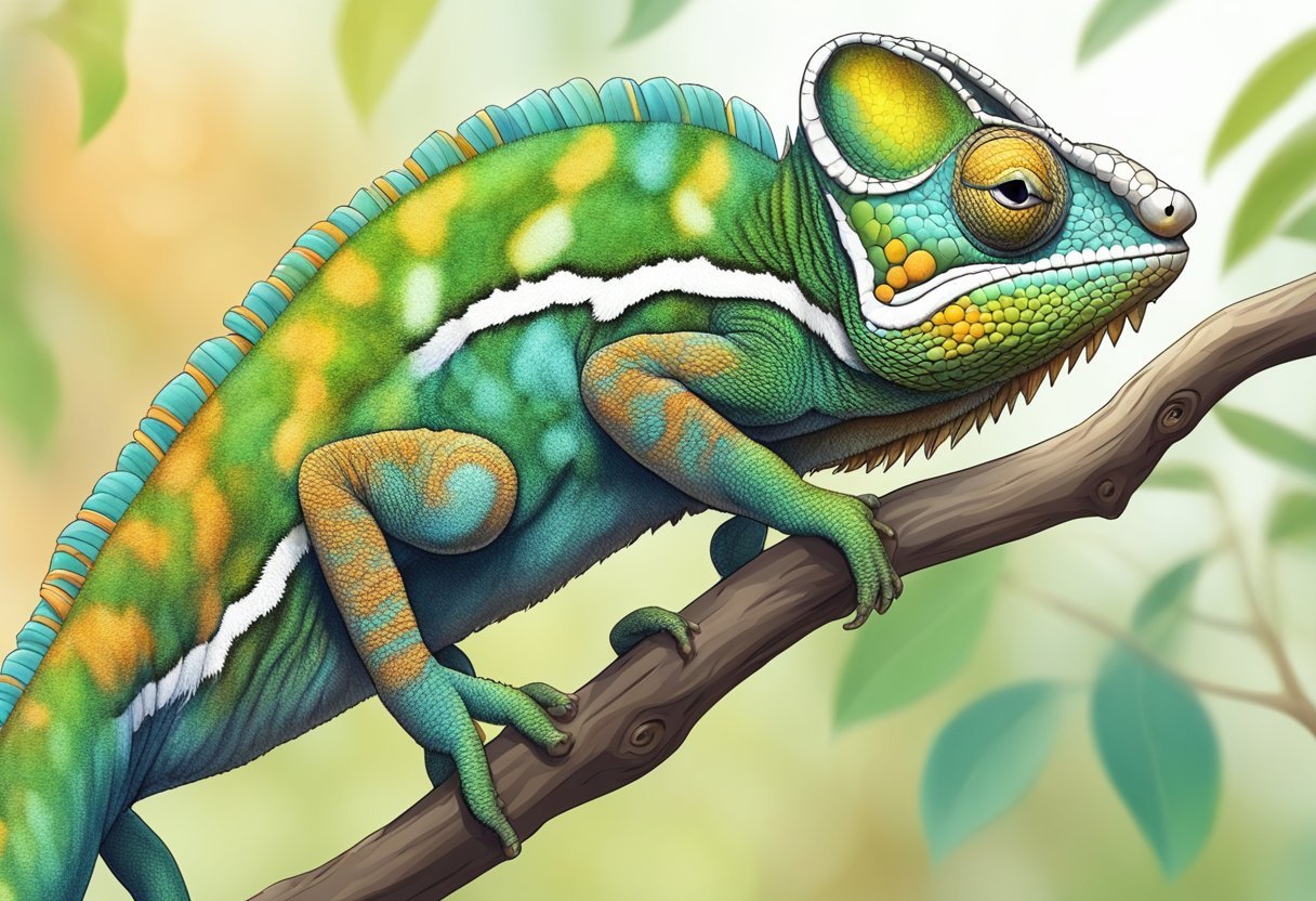 A chameleon perched on a branch, blending into its surroundings with its changing colors, while its long, sticky tongue catches a passing insect