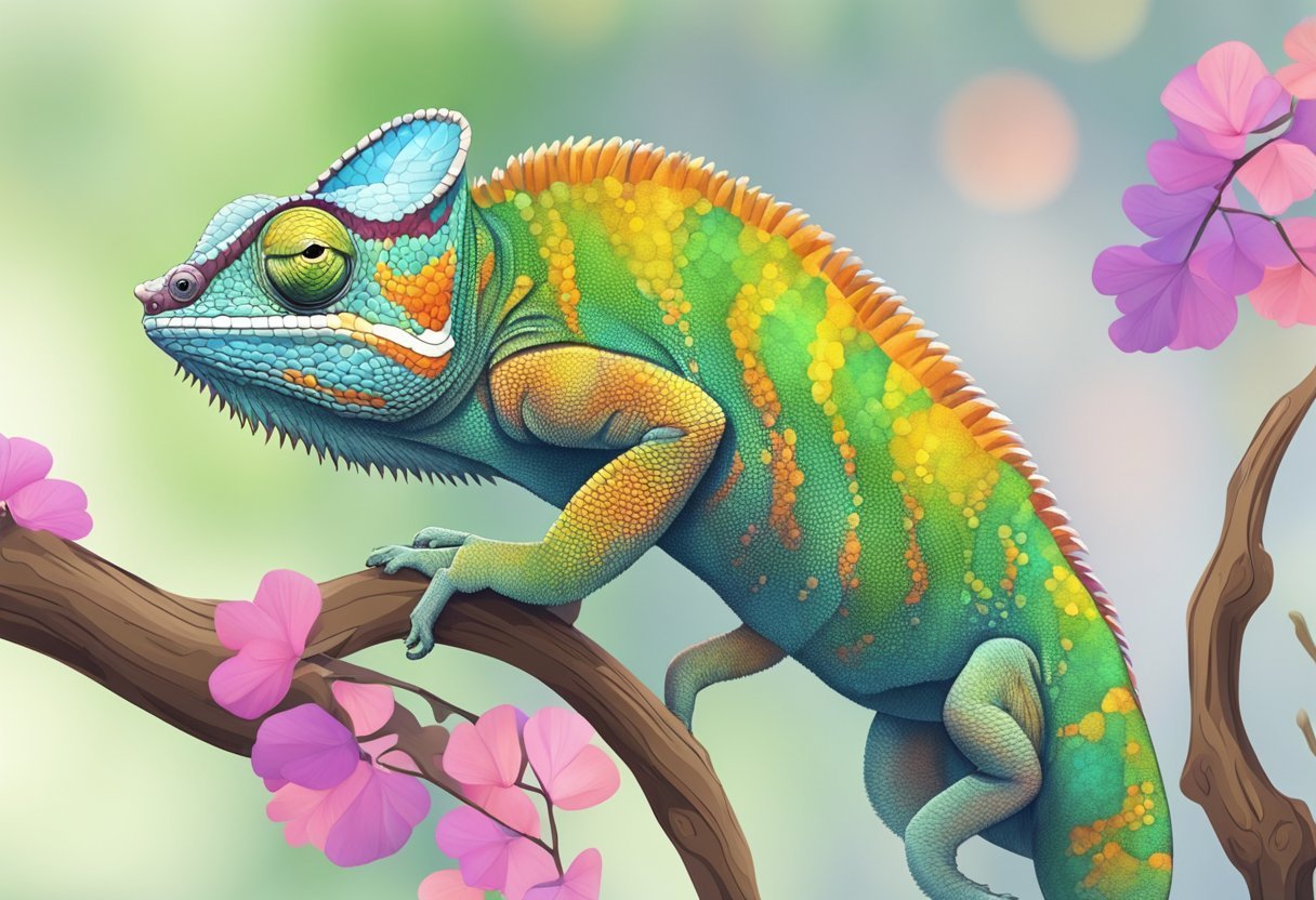 A chameleon perched on a branch, blending into its surroundings with its colorful skin. Its eyes move independently, scanning the environment for prey